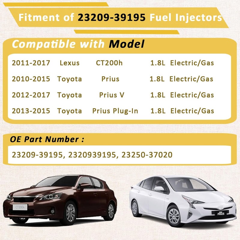 Pjvmvo 23209-39195 OE 1.8 حقن الوقود، متوافق مع/تويوتا 1.8L بريوس V بلوق إن برايم 2010-2018، متوافق مع/لكزس CT200h 2010 2011 2012 2013 2014 2015 2016 2017 2018 |12 ثقب| |مجموعة من 4| - Image 2